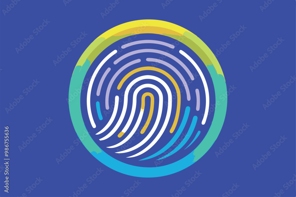 A flat illustration features a colorful fingerprint centrally displayed against a blue background, Customizable flat illustration of a fingerprint. A flat illustration features a colorful fingerprint centrally displayed against a blue background, Customizable flat illustration of a fingerprint.