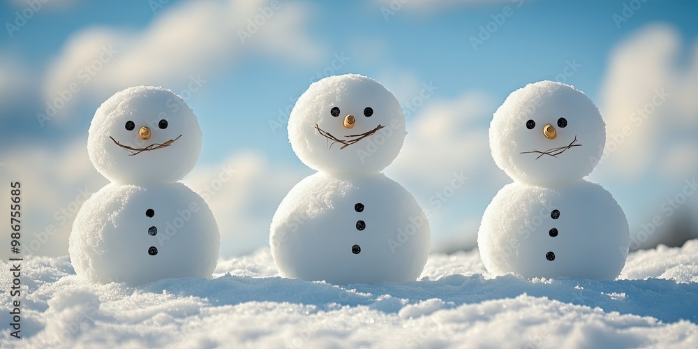 Happy snowman family with a bright blue winter sky Happy snowman family with a bright blue winter sky