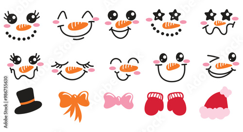 Snowman Face Template, cartoon winter, vector illustration