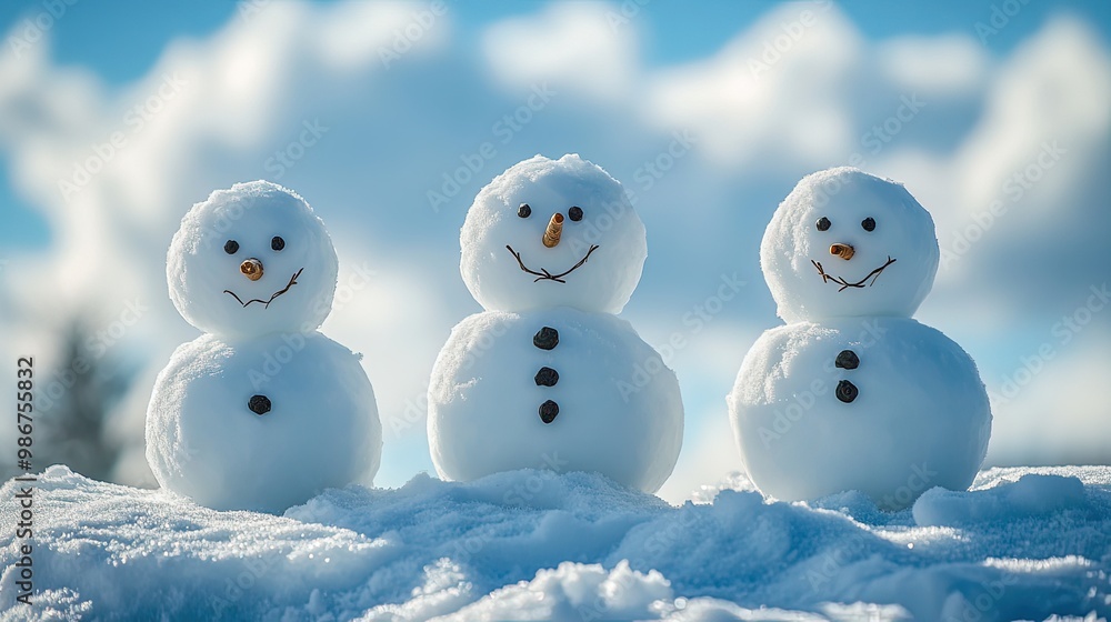 Happy snowman family with a bright blue winter sky Happy snowman family with a bright blue winter sky