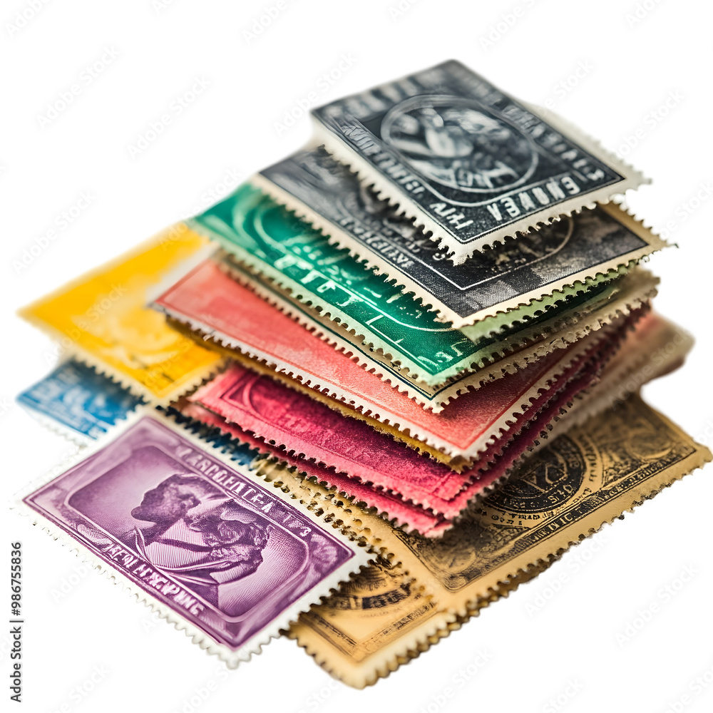 Vibrant Postal Stamp Collection Isolated on White Background Vibrant Postal Stamp Collection Isolated on White Background