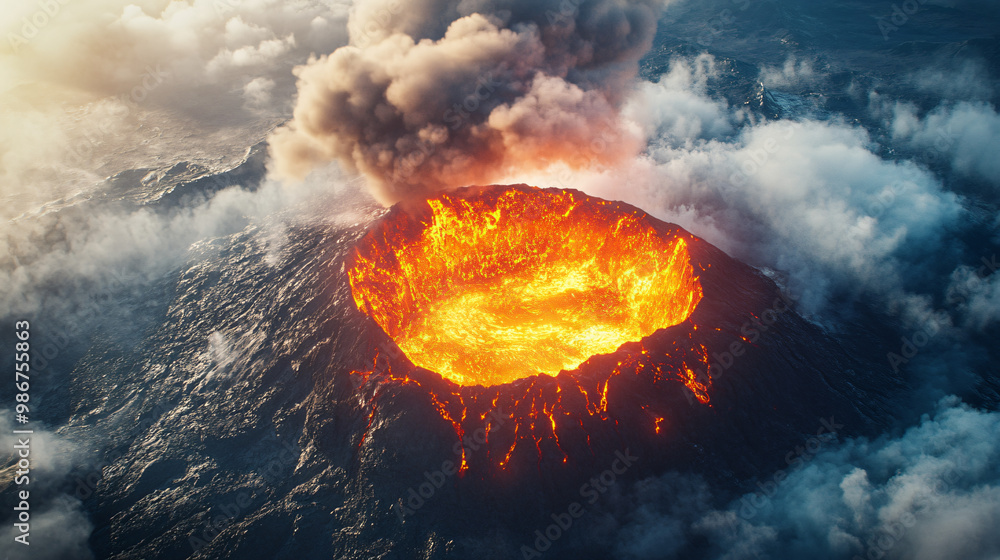 aerial view of volcano erupting with lava and smoke - dramatic landscape stock photo aerial view of volcano erupting with lava and smoke - dramatic landscape stock photo