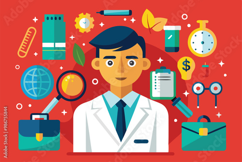 A forensic expert conducts analysis surrounded by tools and evidence in a laboratory environment, Customizable flat illustration of a forensic expert.