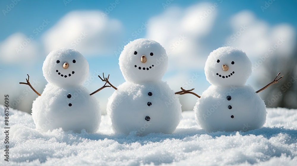 Happy snowman family with a bright blue winter sky Happy snowman family with a bright blue winter sky