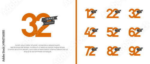 set of anniversary logo flat orange color black ribbon for celebration moment photo