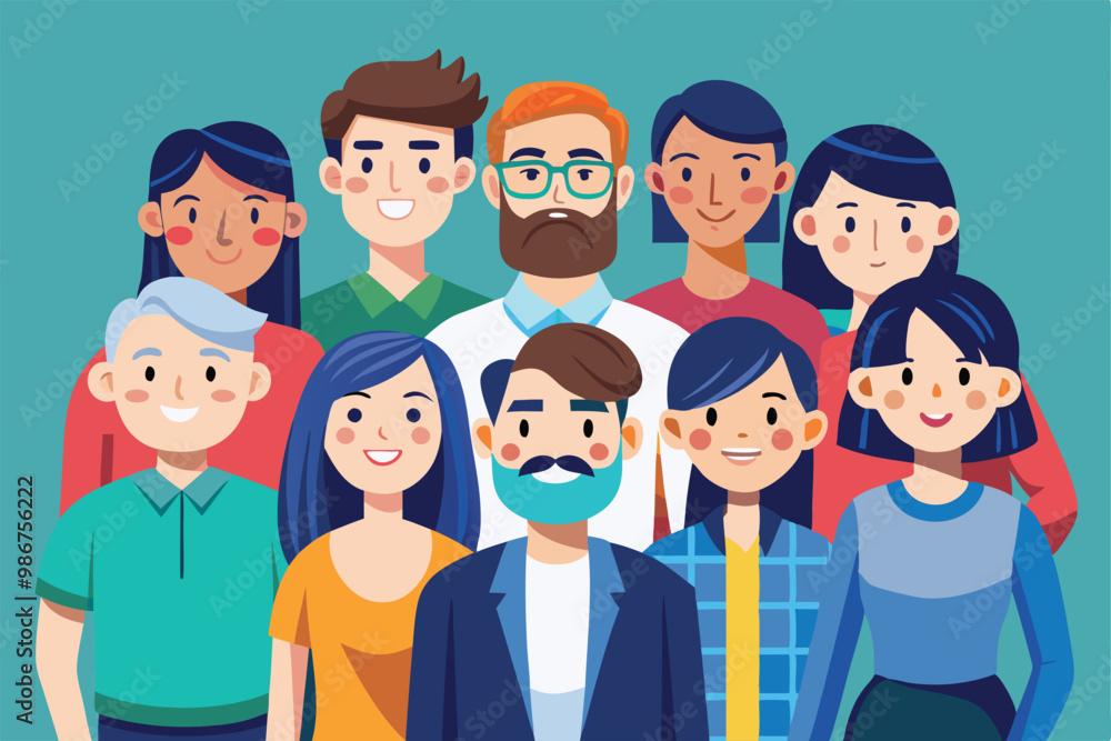 A vibrant illustration depicting a joyful group of friends proudly standing together, smiling, Customizable flat illustration of a group photo. A vibrant illustration depicting a joyful group of friends proudly standing together, smiling, Customizable flat illustration of a group photo.