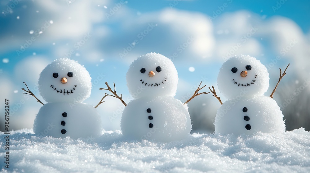 Happy snowman family with a bright blue winter sky Happy snowman family with a bright blue winter sky