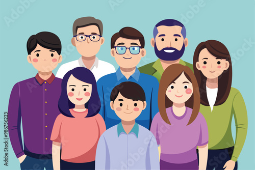 A cheerful group of friends stands closely together, showcasing their unique styles and expressions, Customizable flat illustration of a group photo.