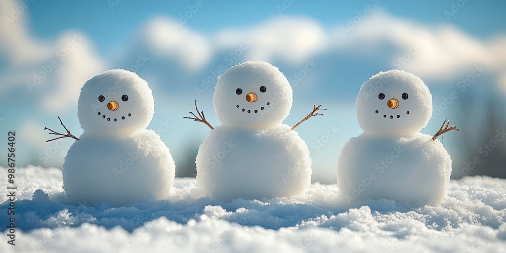 Happy snowman family with a bright blue winter sky Happy snowman family with a bright blue winter sky