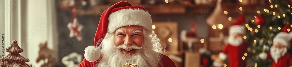 Joyful Santa Claus enjoys a delicious cookie in a festive setting surrounded by Christmas treats and decorations. Joyful Santa Claus enjoys a delicious cookie in a festive setting surrounded by Christmas treats and decorations.