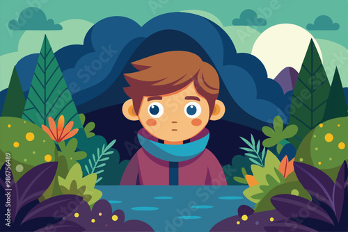 A young person gazes curiously from behind vibrant plants in a tranquil, forested setting, Customizable flat illustration of a hidden person.