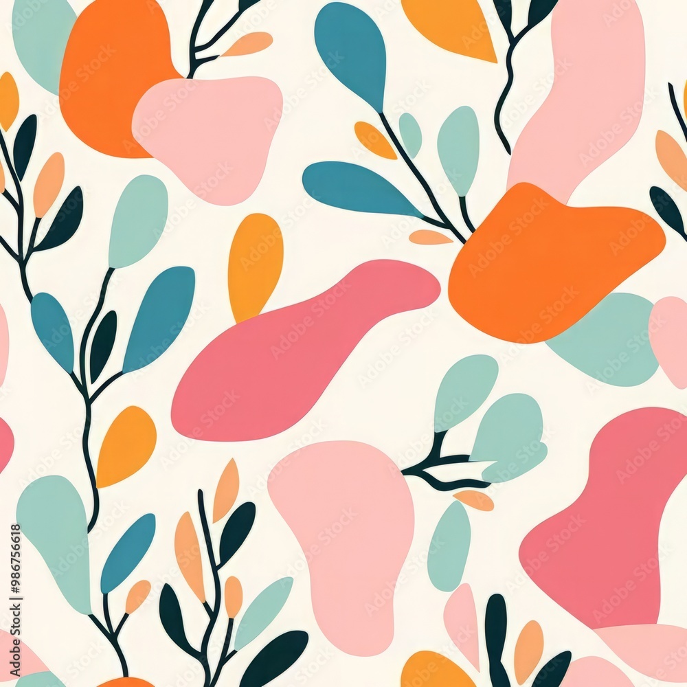 Naklejka premium A vibrant abstract Seamless, pattern featuring organic shapes and playful leaves in pastel colors, perfect for modern design projects.