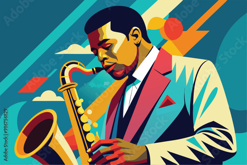 A jazz saxophonist passionately performs against a vibrant, colorful backdrop, evoking a lively atmosphere, Customizable flat illustration of a jazz saxophonist
