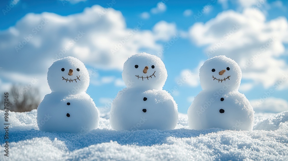 Happy snowman family with a bright blue winter sky Happy snowman family with a bright blue winter sky