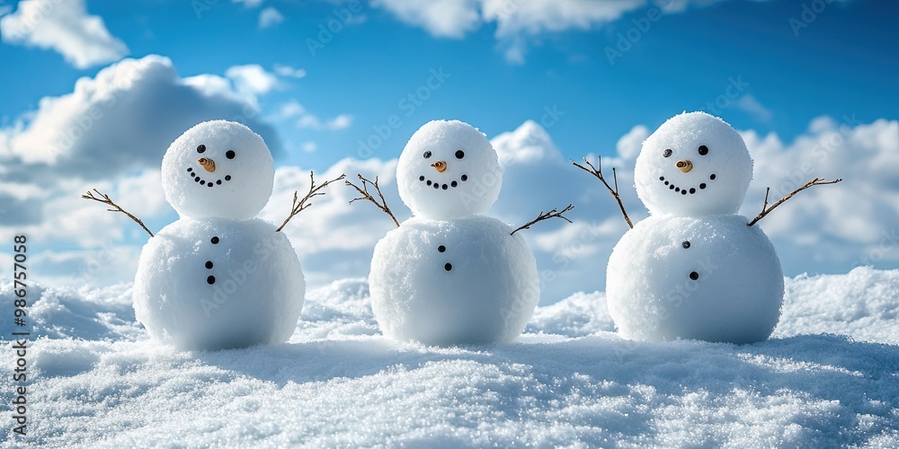 Happy snowman family with a bright blue winter sky Happy snowman family with a bright blue winter sky