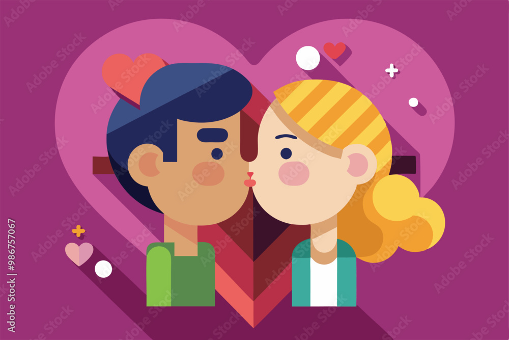 A couple shares a kiss, framed by vibrant hearts and playful design elements in a cheerful setting, Customizable flat illustration of a kiss. A couple shares a kiss, framed by vibrant hearts and playful design elements in a cheerful setting, Customizable flat illustration of a kiss.
