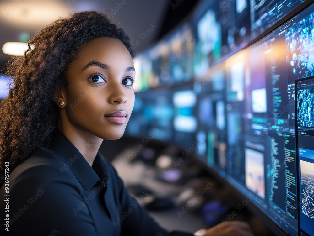 A young woman working in a control room with multiple computer screens displaying data, focusing on work. A young woman working in a control room with multiple computer screens displaying data, focusing on work.