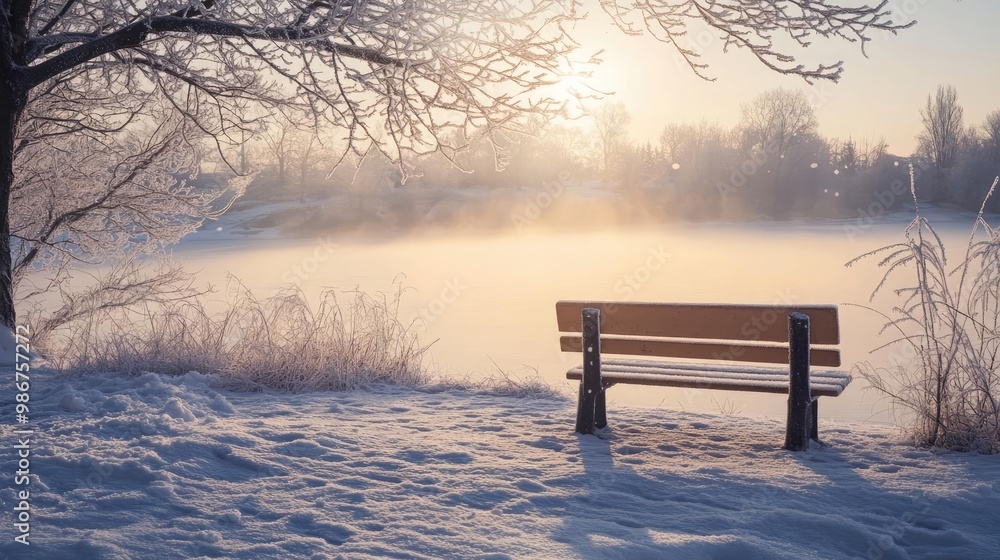 A serene winter scene featuring a lonely bench beside a foggy lake, surrounded by snow-covered trees and glowing sunlight. A serene winter scene featuring a lonely bench beside a foggy lake, surrounded by snow-covered trees and glowing sunlight.