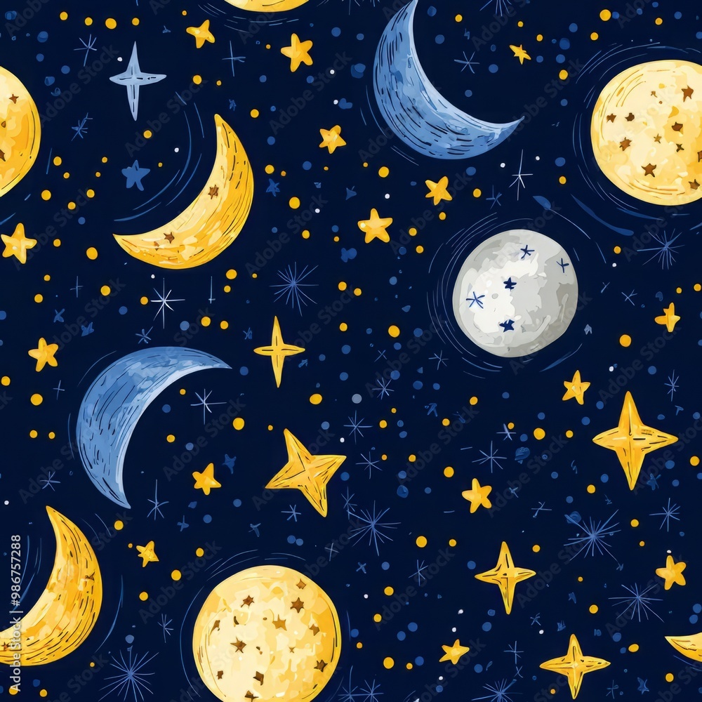 Fototapeta premium A whimsical night sky Seamless, pattern featuring moons and stars in vibrant colors, perfect for textiles or children's decor.