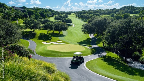 A scenic view of a lush golf course with a clear sky, featuring a golf cart approaching the green and rolling hills.