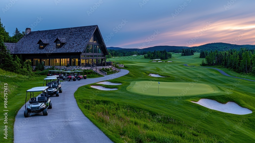 Obraz premium Scenic golf course at dusk featuring lush greens, golf carts, and a charming clubhouse awaiting players for an evening round.