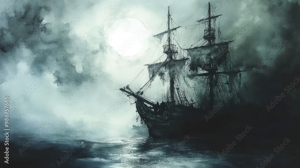 A hauntingly beautiful ship sailing through a foggy sea under a mysterious moonlight. A hauntingly beautiful ship sailing through a foggy sea under a mysterious moonlight.