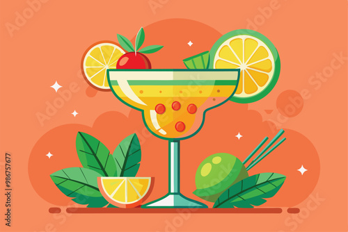 A colorful margarita cocktail sits with fresh limes, mint leaves, and lemon slices, evoking summer vibes, Customizable flat illustration of a margarita cocktail.