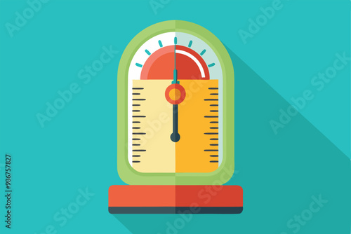 A height meter illustration features a colorful design with markings and a pointer for measurement, Customizable flat illustration of a meter in height.