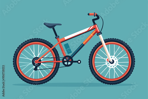 A detailed flat illustration showcases a mountain bike with vibrant colors against a plain backdrop, Customizable flat illustration of a mountain bike.