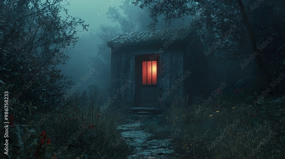 Mysterious Glowing Door in a Foggy Forest Mysterious Glowing Door in a Foggy Forest