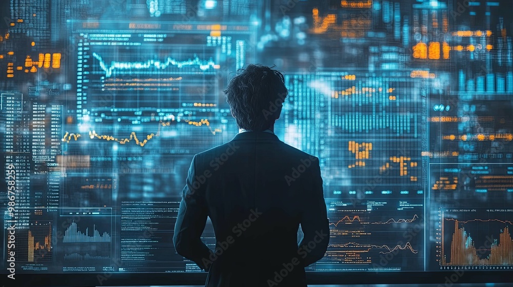A Silhouetted Figure Stands Before a Wall of Digital Data and Charts A Silhouetted Figure Stands Before a Wall of Digital Data and Charts