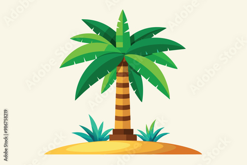 A vibrant palm tree stands tall on a sandy area, complemented by lush green foliage underneath, Customizable flat illustration of a palm tree.