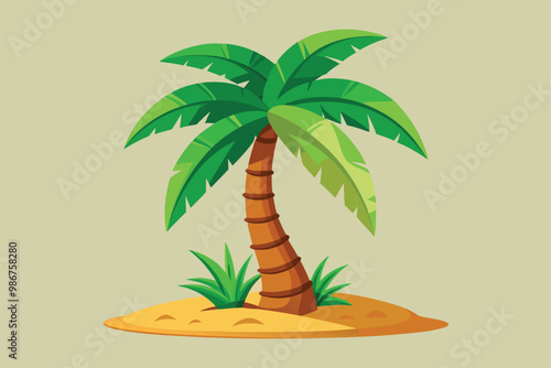 A vibrant and customizable flat illustration featuring a palm tree with lush green leaves and sandy terrain, Customizable flat illustration of a palm tree.