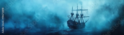 Mysterious ship sailing through a foggy ocean, evoking a sense of adventure and exploration amidst an enchanting atmosphere.