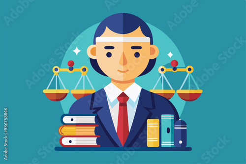 A prosecutor portrayed in a customizable flat style, surrounded by law books and balanced scales, Customizable flat illustration of a prosecutor.