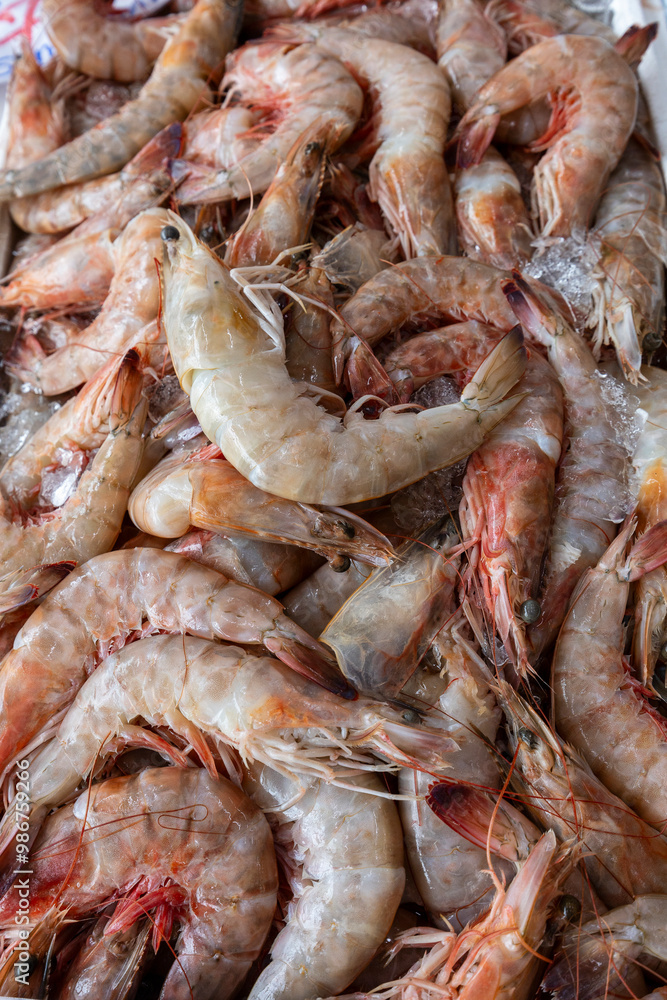 fresh shrimps at the stall of fishmonger. Santos city, Brazil. fresh shrimps at the stall of fishmonger. Santos city, Brazil.