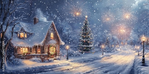 Wallpaper Mural A serene winter landscape featuring cozy houses, a glowing tree, and falling snowflakes under a starry night sky. Torontodigital.ca