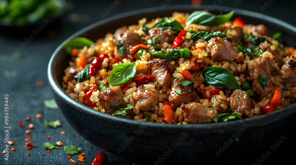 A vibrant bowl of savory fried rice with vegetables and tender meat, garnished with fresh herbs for an inviting meal. A vibrant bowl of savory fried rice with vegetables and tender meat, garnished with fresh herbs for an inviting meal.
