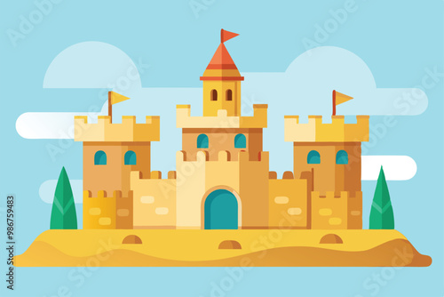 A vibrant sand castle with flags and towers sits on a sandy beach under a clear blue sky, Customizable flat illustration of a sand castle.