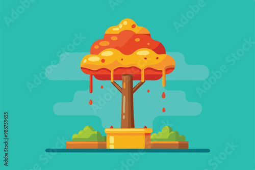 A colorful sauce tree stands in a sunny park, with vibrant condiments dripping from its branches, Customizable flat illustration of a sauce tree.