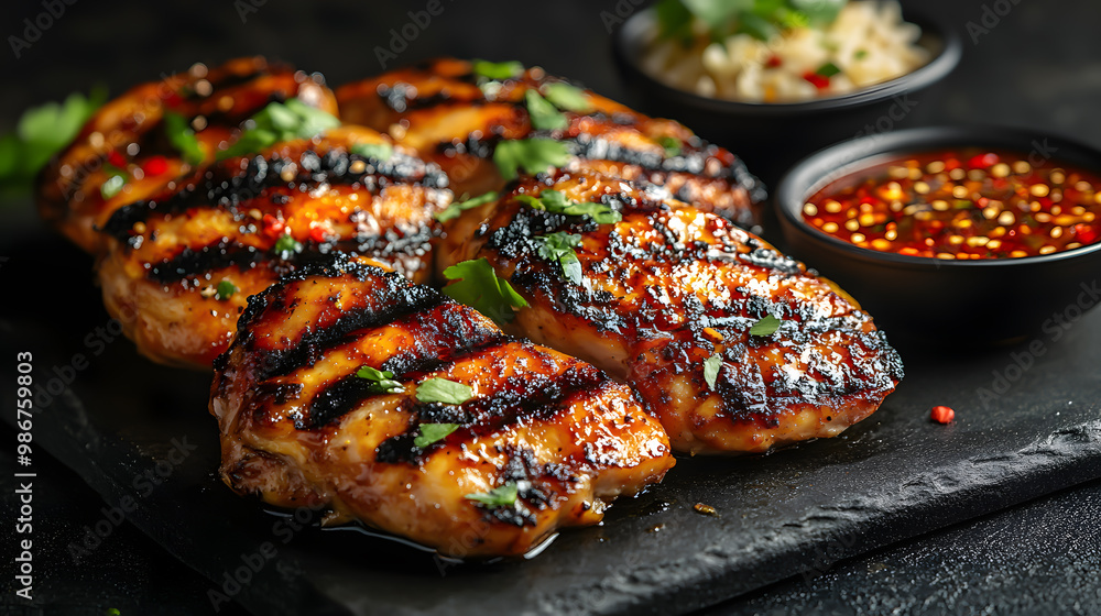 Delicious grilled chicken served on a black slate with spicy sauce and rice, perfect for a culinary delight.