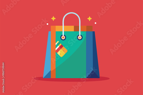 A stylish shopping bag design featuring bright colors and a unique tag, ideal for retail promotions, Customizable flat illustration of a shopping bag.