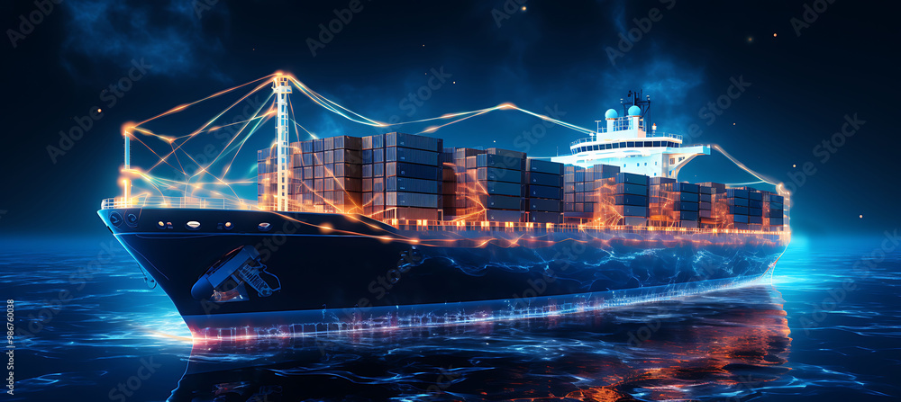 Fototapeta premium Ethereal concept of AI maritime logistics within shipping and freight where AI optimizes vessel routes and ensures safe navigation