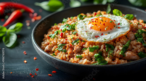 Delicious rice dish topped with a fried egg, fresh herbs, and spices, perfect for food lovers and culinary enthusiasts.