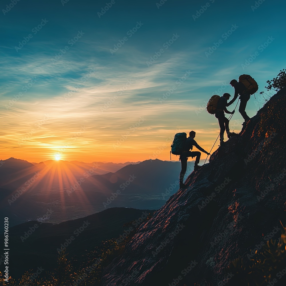 Climbers helping each other on a rocky cliff at sunset, teamwork and determination Climbers helping each other on a rocky cliff at sunset, teamwork and determination
