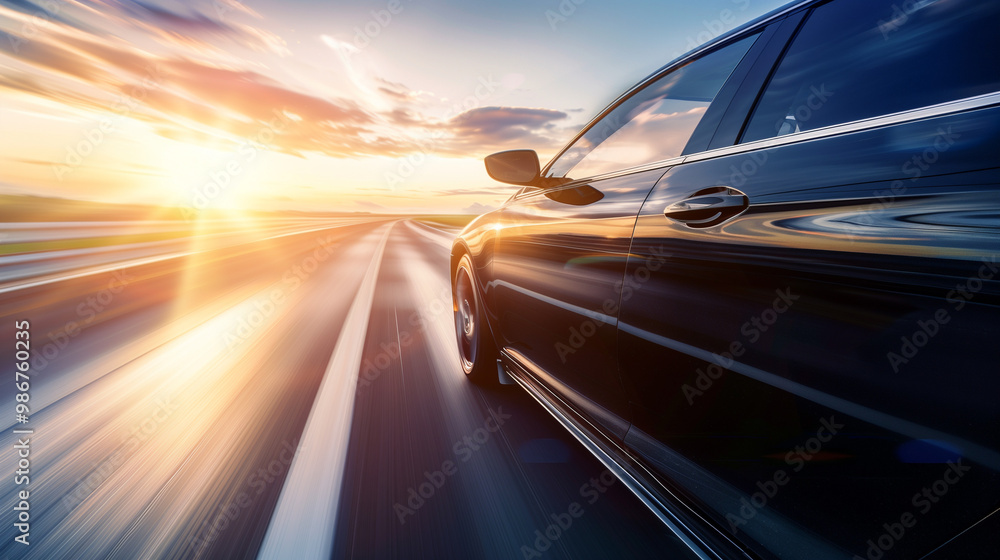 Lone car driving on deserted highway at sunset, road stretching into horizon with golden light reflecting off hood, sharp silhouette against vibrant sky, emphasizing solitude and freedom. Lone car driving on deserted highway at sunset, road stretching into horizon with golden light reflecting off hood, sharp silhouette against vibrant sky, emphasizing solitude and freedom.