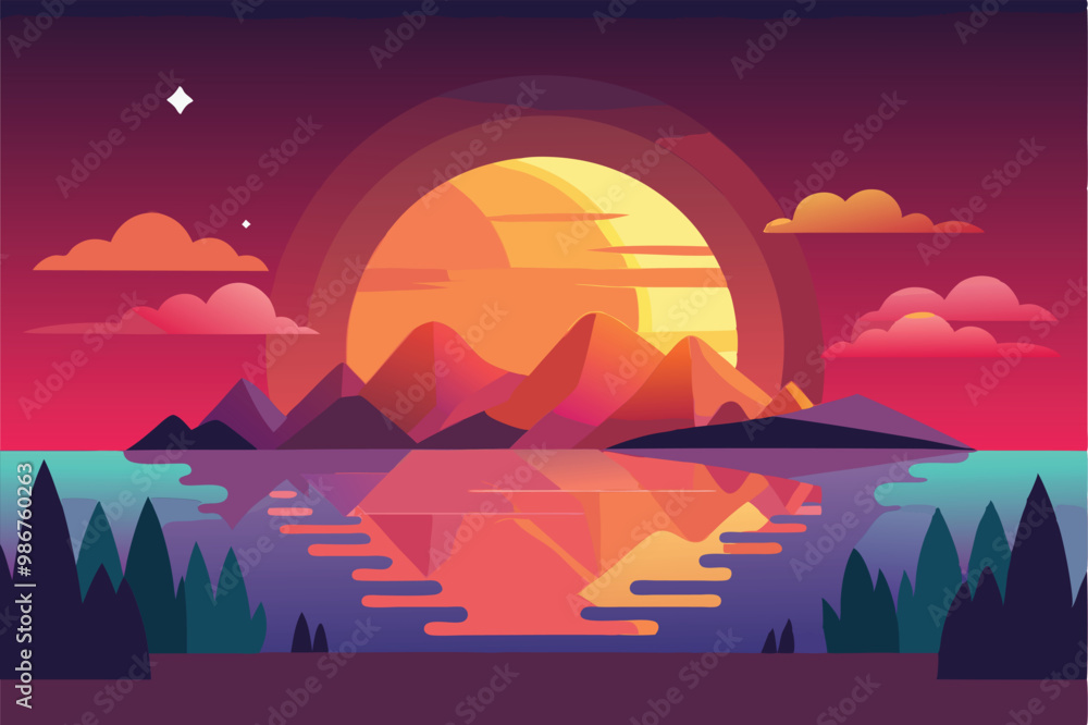 A colorful sunset reflects on calm water, framed by mountains and trees, creating a serene atmosphere, Customizable flat illustration of a sunset. A colorful sunset reflects on calm water, framed by mountains and trees, creating a serene atmosphere, Customizable flat illustration of a sunset.