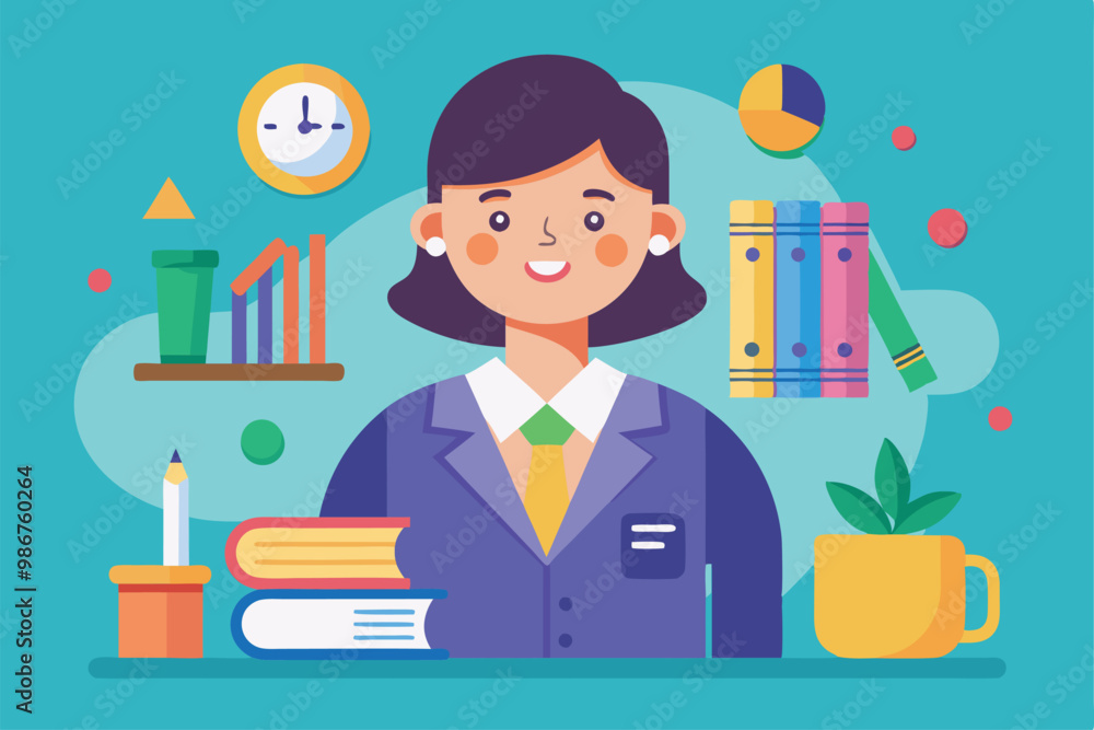 A cheerful teacher stands in a classroom surrounded by books, a clock, and educational supplies, Customizable flat illustration of a teacher A cheerful teacher stands in a classroom surrounded by books, a clock, and educational supplies, Customizable flat illustration of a teacher