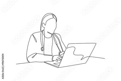 Continuous line drawing of a female doctor working on a laptop, minimalist vector illustration