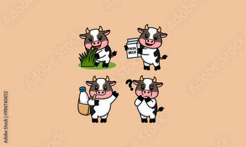 Cute cartoon cows with milk and grass in different poses.